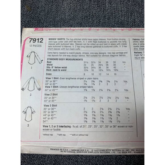 Simplicity Misses Shirt Sewing Pattern sz 14 7912 - uncut - Picture 6 of 9